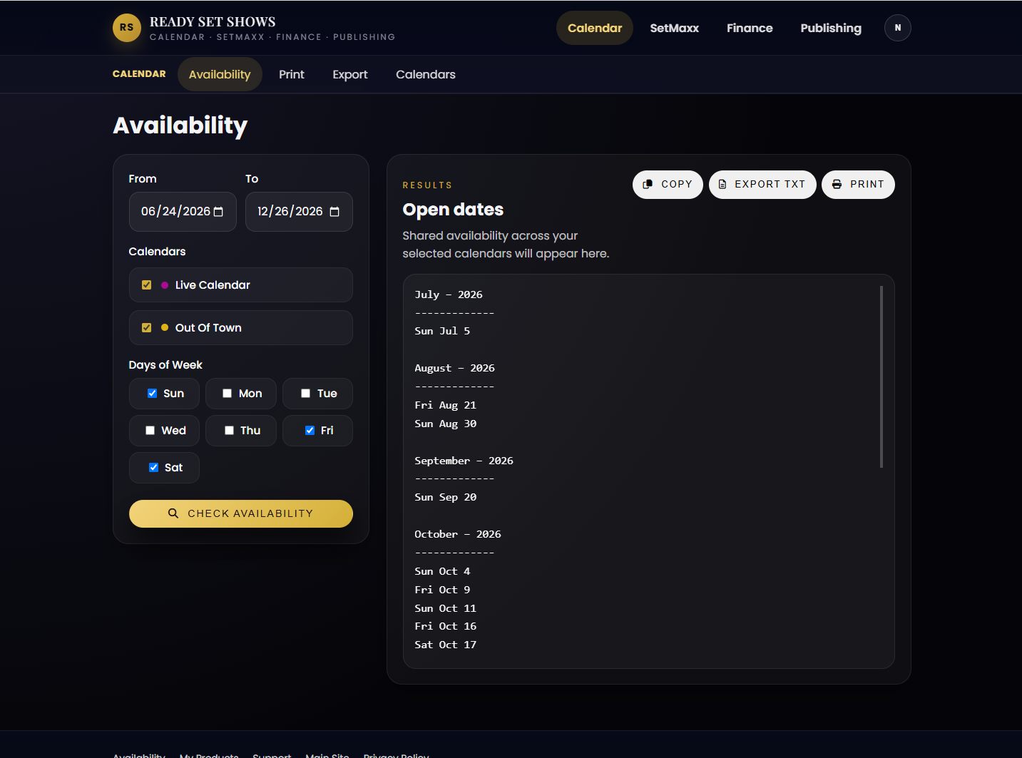 Ready Set Shows calendar availability screen